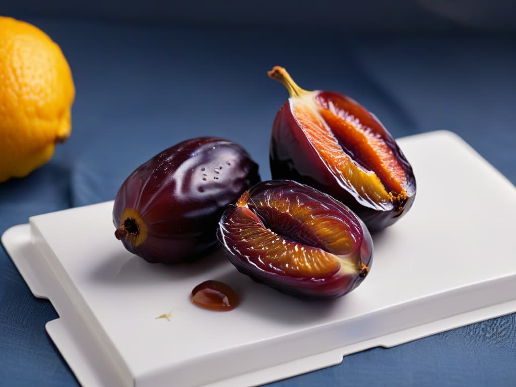  A closeup, ultradetailed photograph of a single medjool date split open to reveal its caramellike interior, showcasing the glossy texture and rich color of the fruit. The focus is on the intricate folds and creases of the date's flesh, highlighting its natural sweetness and inviting appearance. The background is softly blurred to emphasize the simplicity and elegance of the composition, creating a minimalist and visually captivating image that perfectly complements the theme of reinventing classic date delights. hyperrealistic, full body, detailed clothing, highly detailed, cinematic lighting, stunningly beautiful, intricate, sharp focus, f/1. 8, 85mm, (centered image composition), (professionally color graded), ((bright soft diffused light)), volumetric fog, trending on instagram, trending on tumblr, HDR 4K, 8K