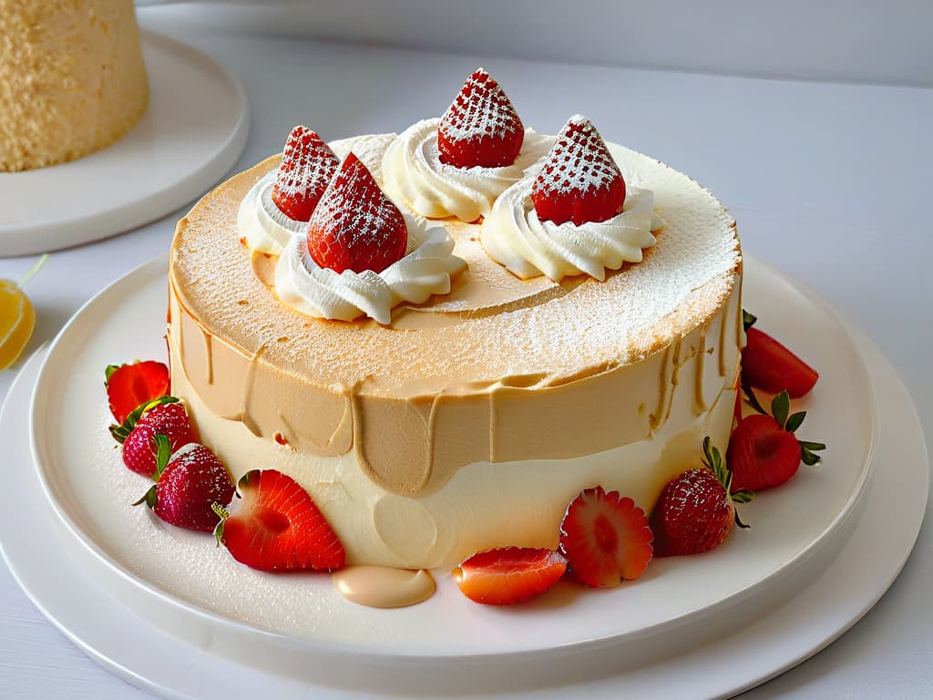  A closeup, ultradetailed image of a perfectly plated Tres Leches cake, showcasing the moist layers soaked in milk and topped with a dollop of whipped cream and a fresh strawberry. The cake sits on a white, minimalist ceramic plate with subtle textured details, placed on a dark, matte surface to enhance the contrast and highlight the dessert's creamy texture and vibrant color. hyperrealistic, full body, detailed clothing, highly detailed, cinematic lighting, stunningly beautiful, intricate, sharp focus, f/1. 8, 85mm, (centered image composition), (professionally color graded), ((bright soft diffused light)), volumetric fog, trending on instagram, trending on tumblr, HDR 4K, 8K