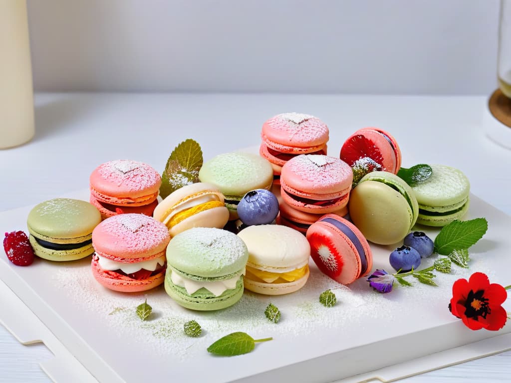  A photorealistic image of a beautifully arranged platter of colorful and perfectly shaped healthy homemade macarons, showcasing various flavors like raspberry, matcha, and lavender. The macarons are delicately dusted with powdered sugar and garnished with fresh berries and edible flowers, set against a pristine white backdrop to highlight their elegance and appeal. hyperrealistic, full body, detailed clothing, highly detailed, cinematic lighting, stunningly beautiful, intricate, sharp focus, f/1. 8, 85mm, (centered image composition), (professionally color graded), ((bright soft diffused light)), volumetric fog, trending on instagram, trending on tumblr, HDR 4K, 8K