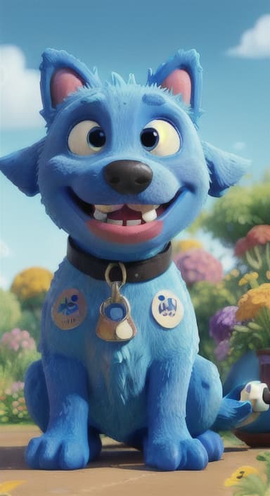  {Max carefully picking up the ball with his teeth without disturbing the flowers, The big blue dog is large with sky blue fur, big round eyes, a black nose, and floppy ears.