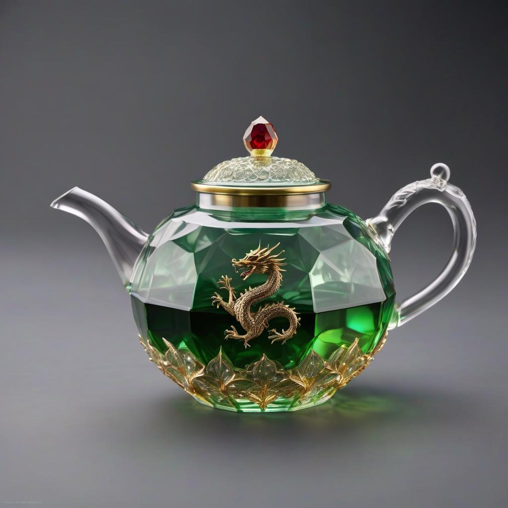  hyperrealistic art Crystal flattened Chinese teapot with 15 facets with golden dragon patterns,rubies,emeralds with green liquid inside,minimalism,steampunk,3d . extremely high resolution details, photographic, realism pushed to extreme, fine texture, incredibly lifelike hyperrealistic, full body, detailed clothing, highly detailed, cinematic lighting, stunningly beautiful, intricate, sharp focus, f/1. 8, 85mm, (centered image composition), (professionally color graded), ((bright soft diffused light)), volumetric fog, trending on instagram, trending on tumblr, HDR 4K, 8K