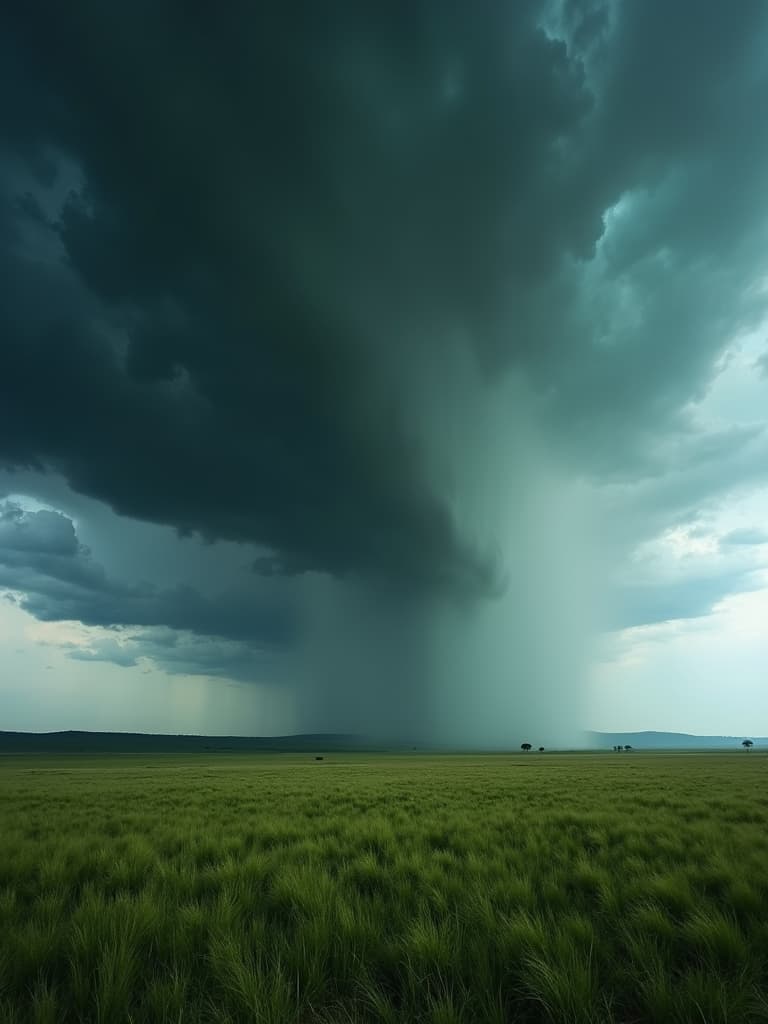  rain and thunderstorm, tornado, empty green grass savanna