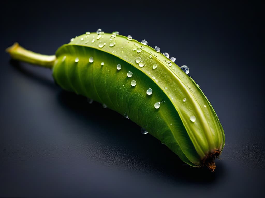  An ultradetailed closeup image of a delicate vanilla bean pod split open, showcasing the tiny seeds inside against a stark black background. The intricate details of the pod's texture and the tiny seeds create a visually striking and minimalist composition that evokes a sense of sophistication and elegance, perfect for capturing the essence of essential oils in baking. hyperrealistic, full body, detailed clothing, highly detailed, cinematic lighting, stunningly beautiful, intricate, sharp focus, f/1. 8, 85mm, (centered image composition), (professionally color graded), ((bright soft diffused light)), volumetric fog, trending on instagram, trending on tumblr, HDR 4K, 8K