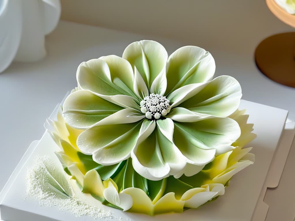  A closeup, ultradetailed image of a delicate, intricate sugar flower being meticulously crafted by skilled hands, set against a pristine white background. The petals glisten with realism, showcasing the artistry and precision involved in advanced pastry decoration techniques using augmented reality tools. Each petal and stamen is so impeccably rendered that every tiny detail is visible, offering a mesmerizing visual feast for the eyes of aspiring pastry chefs and technology enthusiasts alike. hyperrealistic, full body, detailed clothing, highly detailed, cinematic lighting, stunningly beautiful, intricate, sharp focus, f/1. 8, 85mm, (centered image composition), (professionally color graded), ((bright soft diffused light)), volumetric fog, trending on instagram, trending on tumblr, HDR 4K, 8K