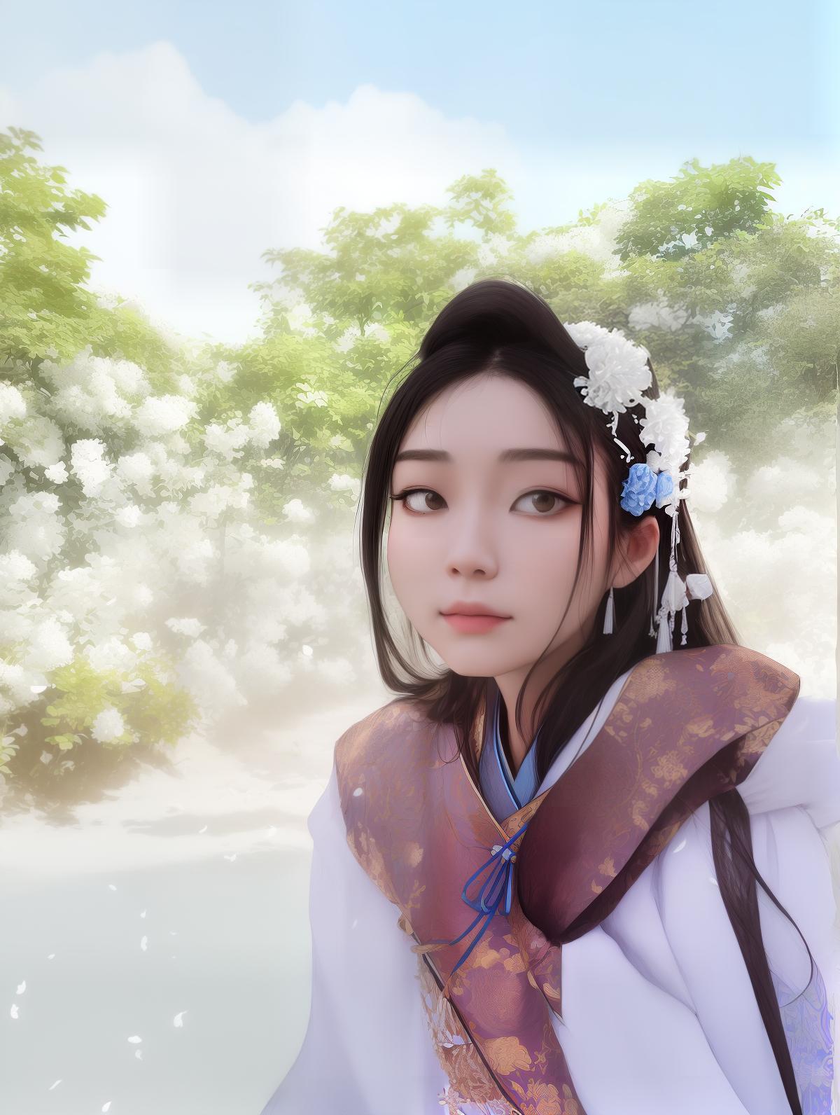  masterpiece, best quality, (Fidelity: 1.4), Best Quality, Masterpiece, Ultra High Resolution, Poster, Fantasy Art, Very Detailed Faces, 8k resolution, Chinese Style, An woman, Side Face, Quiet, Light Blue Hanfu, Tulle Coat, Long Black Hair, Light Blue Fringed Hair Ornament, Hairpin, White Ribbon, White Flower Bush, Light Blue Butterfly Flying, cinematic lighting effects