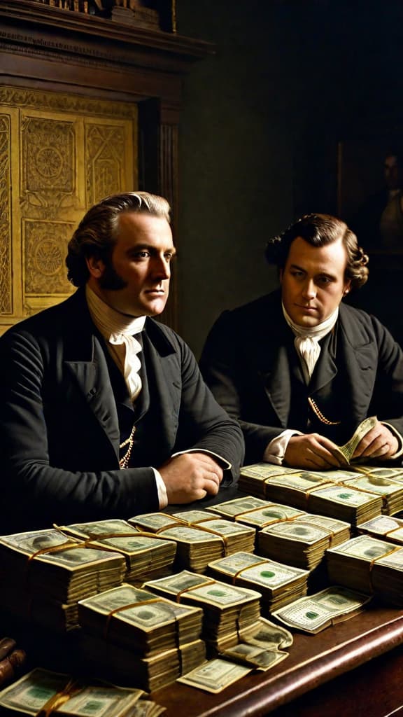  (A dimly lit room in the early 19th century, with two well dressed men sitting at a desk surrounded by ledgers and stacks of money. The men have stern expressions on their faces, representing Isaac Franklin and John Armfield, the infamous slave traders known for their cruelty and the lucrative trade in "fancy girls" light skinned women sold for exorbitant prices.) hyperrealistic, full body, detailed clothing, highly detailed, cinematic lighting, stunningly beautiful, intricate, sharp focus, f/1. 8, 85mm, (centered image composition), (professionally color graded), ((bright soft diffused light)), volumetric fog, trending on instagram, trending on tumblr, HDR 4K, 8K