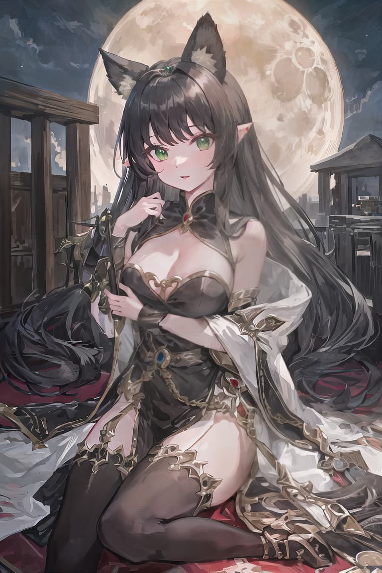  master piece , best quality,Black hair, green eyes, beast ears, moon diadem, night, blood.