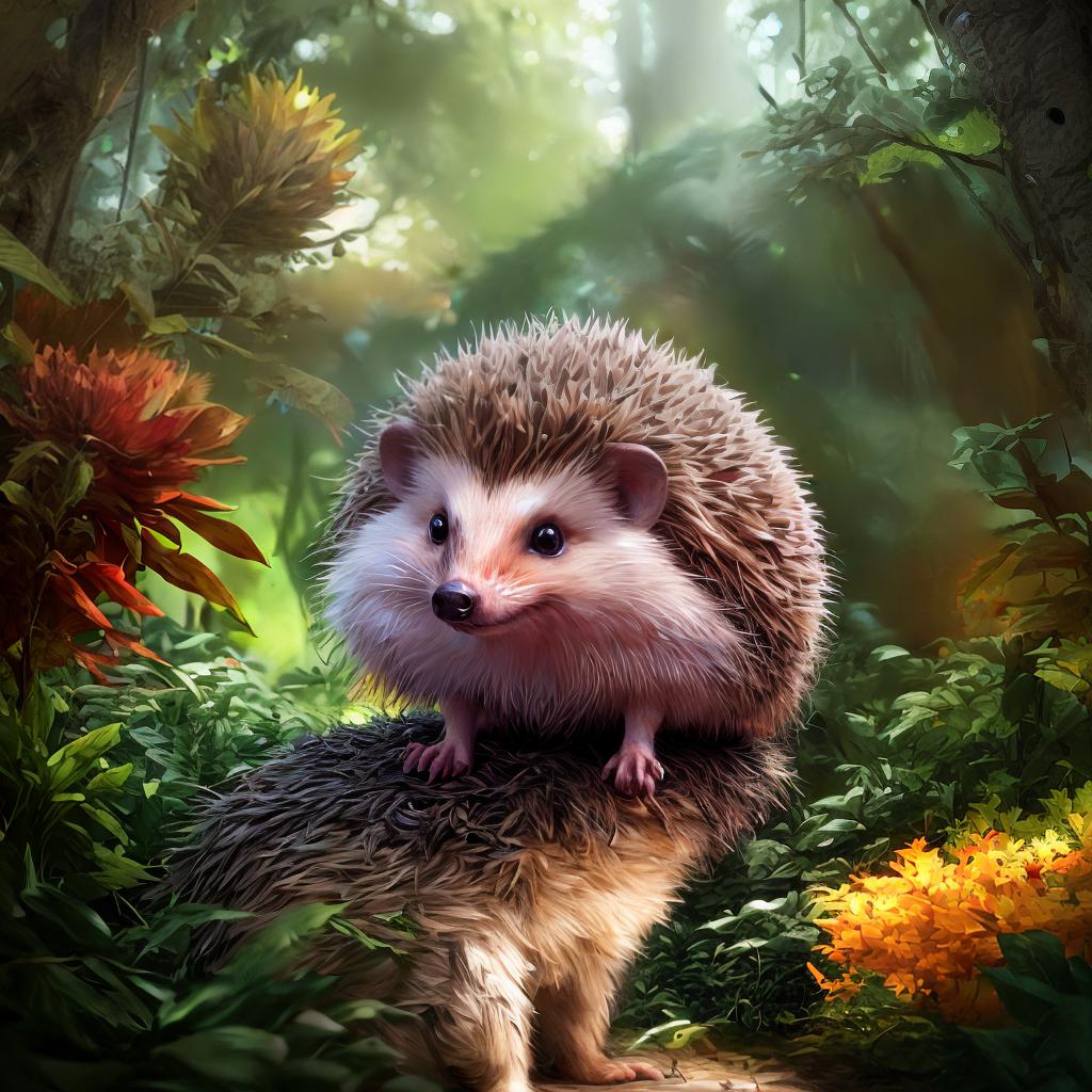  Cute comic hedgehog in forest setting, vibrant colors, cartoon style, detailed fur texture, hedgehog curled up in a ball, surrounded by trees and foliage, playful expression, soft lighting, style Comic, styles for printing, advanced detail processing., best quality, ultrahigh resolution, highly detailed, (sharp focus), masterpiece, (centered image composition), (professionally color graded), ((bright soft diffused light)), trending on instagram, trending on tumblr, HDR 4K