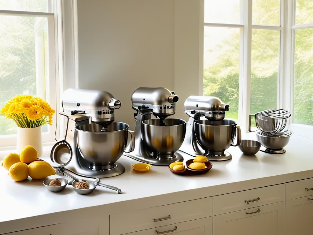  A pristine white kitchen counter featuring an array of meticulously organized baking tools such as measuring cups, mixing bowls, and a sleek stand mixer. The sunlight streaming through a nearby window casts a soft, golden glow on the spotless stainless steel appliances, creating a serene and inviting atmosphere for safe and hygienic pastry preparation. hyperrealistic, full body, detailed clothing, highly detailed, cinematic lighting, stunningly beautiful, intricate, sharp focus, f/1. 8, 85mm, (centered image composition), (professionally color graded), ((bright soft diffused light)), volumetric fog, trending on instagram, trending on tumblr, HDR 4K, 8K