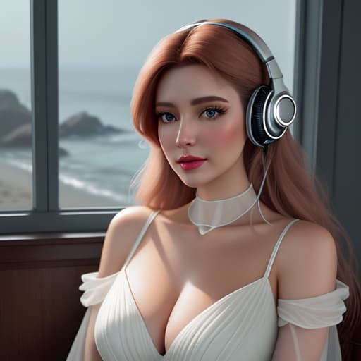  analog style, best quality, gorgeous young Swiss sitting by window with headphones on, , soft lips, beach hair, octane render, unreal engine, photograph, realistic skin texture, photorealistic, hyper realism, highly detailed, 85mm portrait photography, award winning, hard rim lighting photography, inserted in her  hyperrealistic, full body, detailed clothing, highly detailed, cinematic lighting, stunningly beautiful, intricate, sharp focus, f/1. 8, 85mm, (centered image composition), (professionally color graded), ((bright soft diffused light)), volumetric fog, trending on instagram, trending on tumblr, HDR 4K, 8K