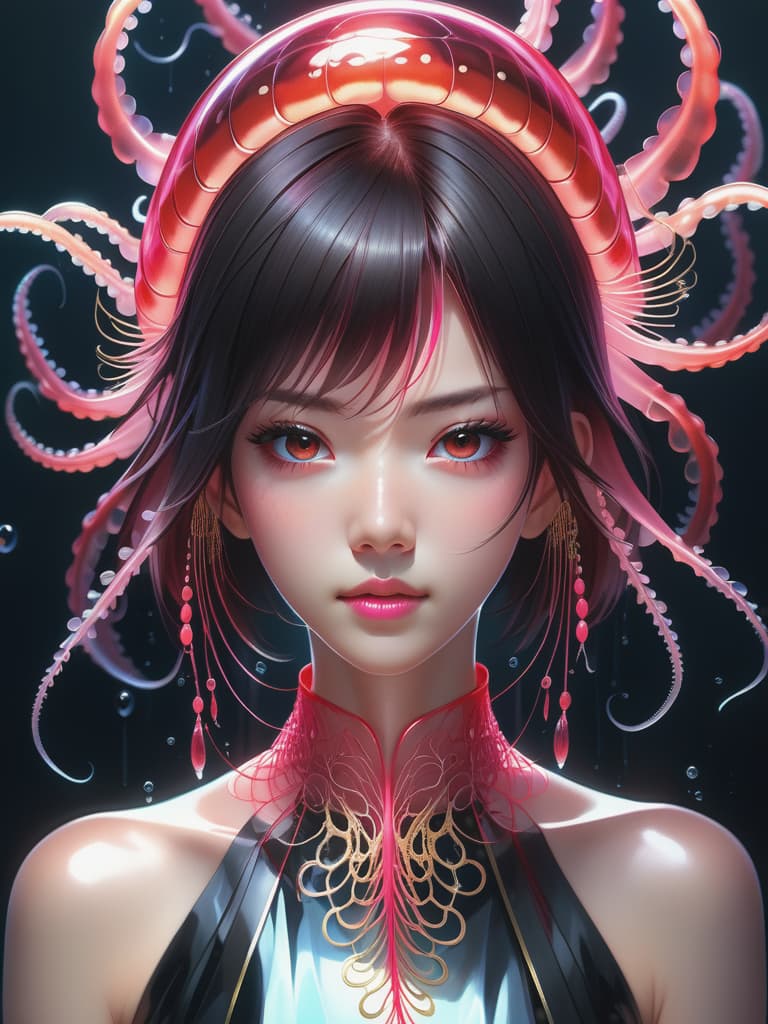  actual 8K portrait , portrait, symmetrical, soft lighting, detailed face, by makoto shinkai, stanley artgerm lau, wlop, rossdraws, concept art, digital painting, looking into camera,photo RAW, (Black, dark red and neon pink :  ghostly long tailed jelly fish, woman, shiny aura, highly detailed, gold and coral filigree, intricate motifs, organic tracery, Januz Miralles, Hikari Shimoda, glowing stardust by W. Zelmer, perfect composition, smooth, sharp focus, sparkling particles, lively coral reef background Realistic, realism, hd, 35mm photograph, 8k), masterpiece, award winning photography, natural light, perfect composition, high detail, hyper realistic
