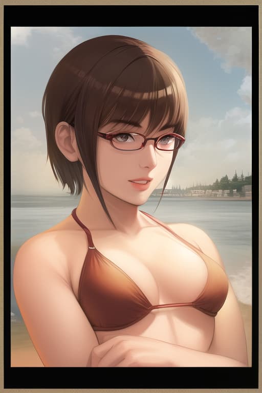  Red rimmed glasses, brown hair, yellow bikini, folded arms, looking at camera, short hair, ultra detailed,, (Masterpiece, BestQuality:1.3), (ultra detailed:1.2), (hyperrealistic:1.3), (RAW photo:1.2),High detail RAW color photo, professional photograph, (Photorealistic:1.4), (realistic:1.4), ,professional lighting, (japanese), beautiful face, (realistic face)