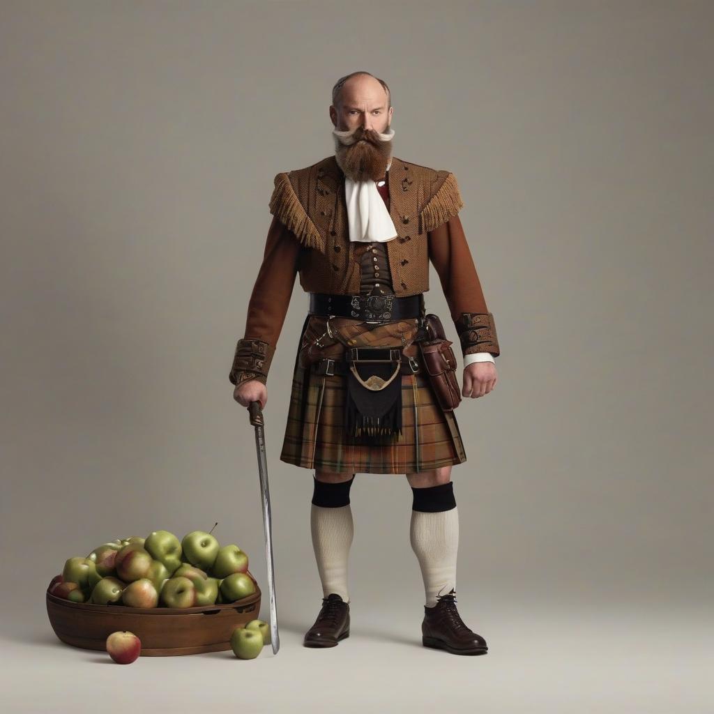  A Scotsman with a beard wears a kilt and bites an apple. hyperrealistic, full body, detailed clothing, highly detailed, cinematic lighting, stunningly beautiful, intricate, sharp focus, f/1. 8, 85mm, (centered image composition), (professionally color graded), ((bright soft diffused light)), volumetric fog, trending on instagram, trending on tumblr, HDR 4K, 8K