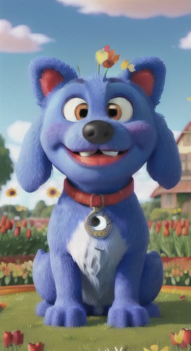  {The red ball nestled in a bed of colorful flowers like daisies and tulips, The big blue dog is large with sky blue fur, big round eyes, a black nose, and floppy ears.