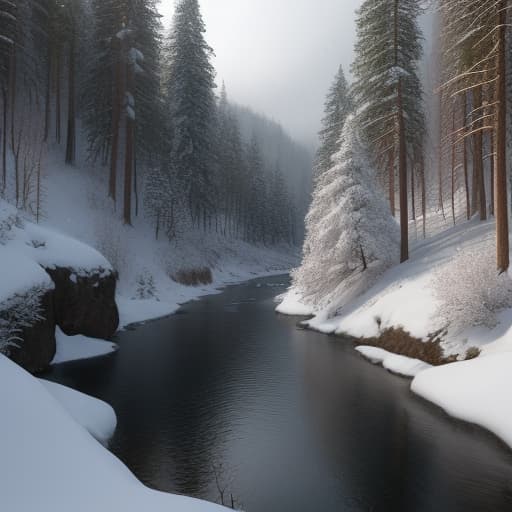  a highly detailed river rushing through a snowy ravine, winter trees, falling snow hyperrealistic, full body, detailed clothing, highly detailed, cinematic lighting, stunningly beautiful, intricate, sharp focus, f/1. 8, 85mm, (centered image composition), (professionally color graded), ((bright soft diffused light)), volumetric fog, trending on instagram, trending on tumblr, HDR 4K, 8K