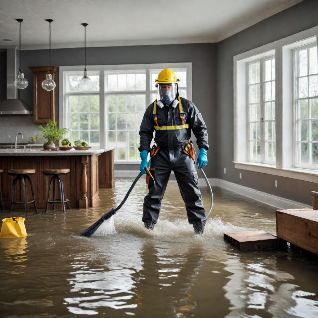  A water damage restoration worker in action, wearing protective gear and using tools to remove water from a flooded area. hyperrealistic, full body, detailed clothing, highly detailed, cinematic lighting, stunningly beautiful, intricate, sharp focus, f/1. 8, 85mm, (centered image composition), (professionally color graded), ((bright soft diffused light)), volumetric fog, trending on instagram, trending on tumblr, HDR 4K, 8K