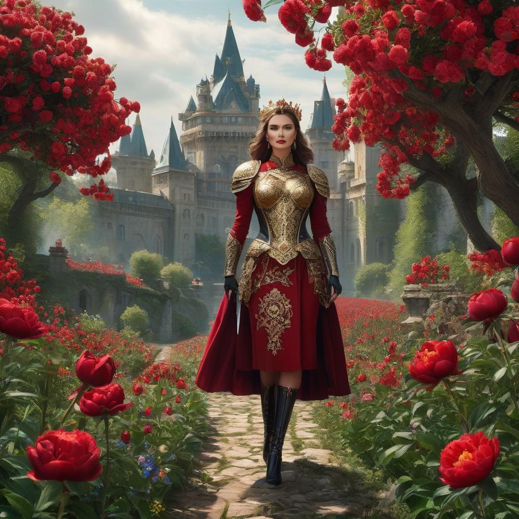  The with the brown hair. Тhe dress, the purse, the brown eyes. Shorts, , red lips. A in armor. A black sword with gold details. Fire. The rigor of the lines. Power. The sword gives off electric shocks. Highly detailed, highly detailed, highly detailed image and all details. ((Sparkling rim)): spring field, hyacinths, roses, rosehips, rose hips, peonies, cherry tree, yellow, red, black flowers, forget me nots. Nature in the background, spring, delight. Luxury, richness. High quality. Swarovski, pandora. The Emerald Palace, the towers. Holobue sky. Golden spires, Gothic style. Fantasy, fairy tale. Poppy field in front of palace. Emerald stones, Green Alley.Luxury, wealth. spring field, hyacinths, roses, rosehips, rose hips, p hyperrealistic, full body, detailed clothing, highly detailed, cinematic lighting, stunningly beautiful, intricate, sharp focus, f/1. 8, 85mm, (centered image composition), (professionally color graded), ((bright soft diffused light)), volumetric fog, trending on instagram, trending on tumblr, HDR 4K, 8K