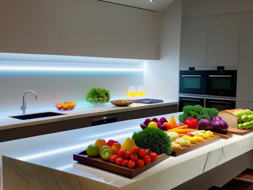  An ultradetailed image of a sleek, modern kitchen with a long, marble countertop showcasing various food items like vibrant fruits, freshly baked bread, and colorful vegetables under soft, diffused LED lighting. The LED lights cast a gentle, natural glow, highlighting the textures and colors of the food, creating a visually striking and appetizing scene that conveys a sense of freshness and sophistication. hyperrealistic, full body, detailed clothing, highly detailed, cinematic lighting, stunningly beautiful, intricate, sharp focus, f/1. 8, 85mm, (centered image composition), (professionally color graded), ((bright soft diffused light)), volumetric fog, trending on instagram, trending on tumblr, HDR 4K, 8K