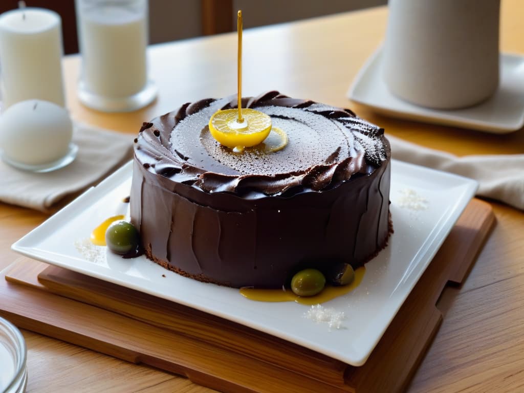  A closeup, ultradetailed image of a decadent chocolate olive oil cake topped with a drizzle of golden olive oil and a sprinkle of flaky sea salt on a sleek, modern white dessert plate. The cake is rich and moist, with visible crumbs and a glossy finish that reflects the soft lighting in the room. The background is softly blurred, emphasizing the cake's luxurious texture and inviting presentation. hyperrealistic, full body, detailed clothing, highly detailed, cinematic lighting, stunningly beautiful, intricate, sharp focus, f/1. 8, 85mm, (centered image composition), (professionally color graded), ((bright soft diffused light)), volumetric fog, trending on instagram, trending on tumblr, HDR 4K, 8K