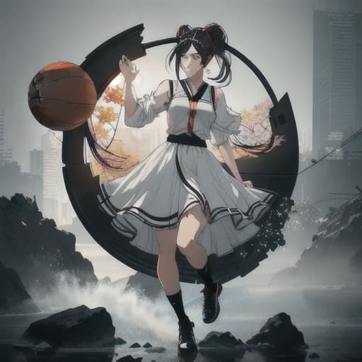  anime girl black hair bright dark brown eyes red and white basketball uniform with the number 18 and the name Nicky white and black shoes Have your hair in a medium high ponytail with two strands on the sides of your ears, have a basketball and look full body Pastel Palette, Da Vinci's Dreams, Picasso's , Sunrise Splendors, Floral Fantasy, Mystical Moonscapes, Urban Nature, Crystal Clear, Cinematic hyperrealistic, full body, detailed clothing, highly detailed, cinematic lighting, stunningly beautiful, intricate, sharp focus, f/1. 8, 85mm, (centered image composition), (professionally color graded), ((bright soft diffused light)), volumetric fog, trending on instagram, trending on tumblr, HDR 4K, 8K