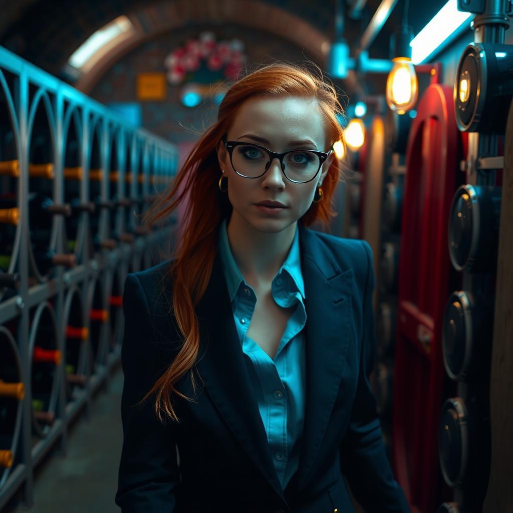  capture an unedited 8k photograph of a 30 nordic looking redhead woman, dressed in a tailored suit and chic accessories, walking through an industrial style wine cellar with brick and metal. the image features a vint blue hue (rgb color value for vint blue) as the color, adding depth and mood with chiaroscuro lighting and a bright, soft, diffused light source. the scene mirrors a horror movie still, marked by eerie, cinematic aesthetics and dense, artisan crafted decorations. the hyperrealistic detail enhances the terror in her expression against a blurred, intricately decorated background.