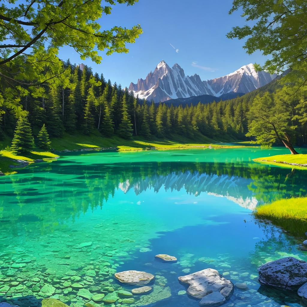  as a painting, Convey the serene majesty of towering mountains reflected in the crystal-clear waters of a tranquil alpine lake, using your unique artistic vision to evoke a sense of awe and tranquility.