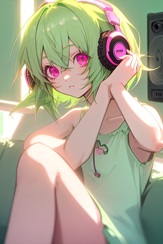  Green hair, cute sister, listening to music, light pink eyes