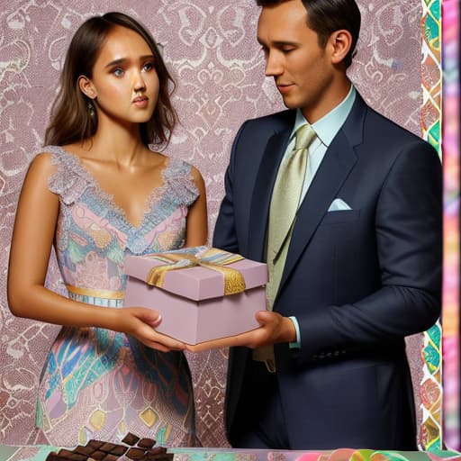  Beautiful Jessica Alba and boyfriend gazing down (lace multi colored pastel dress, men’s blue business suit)(dark shadowed lighting)(Superrealism)(Foreground: open small box of fine dark chocolates on a small serving table) Background artdeco with gold scrollwork.