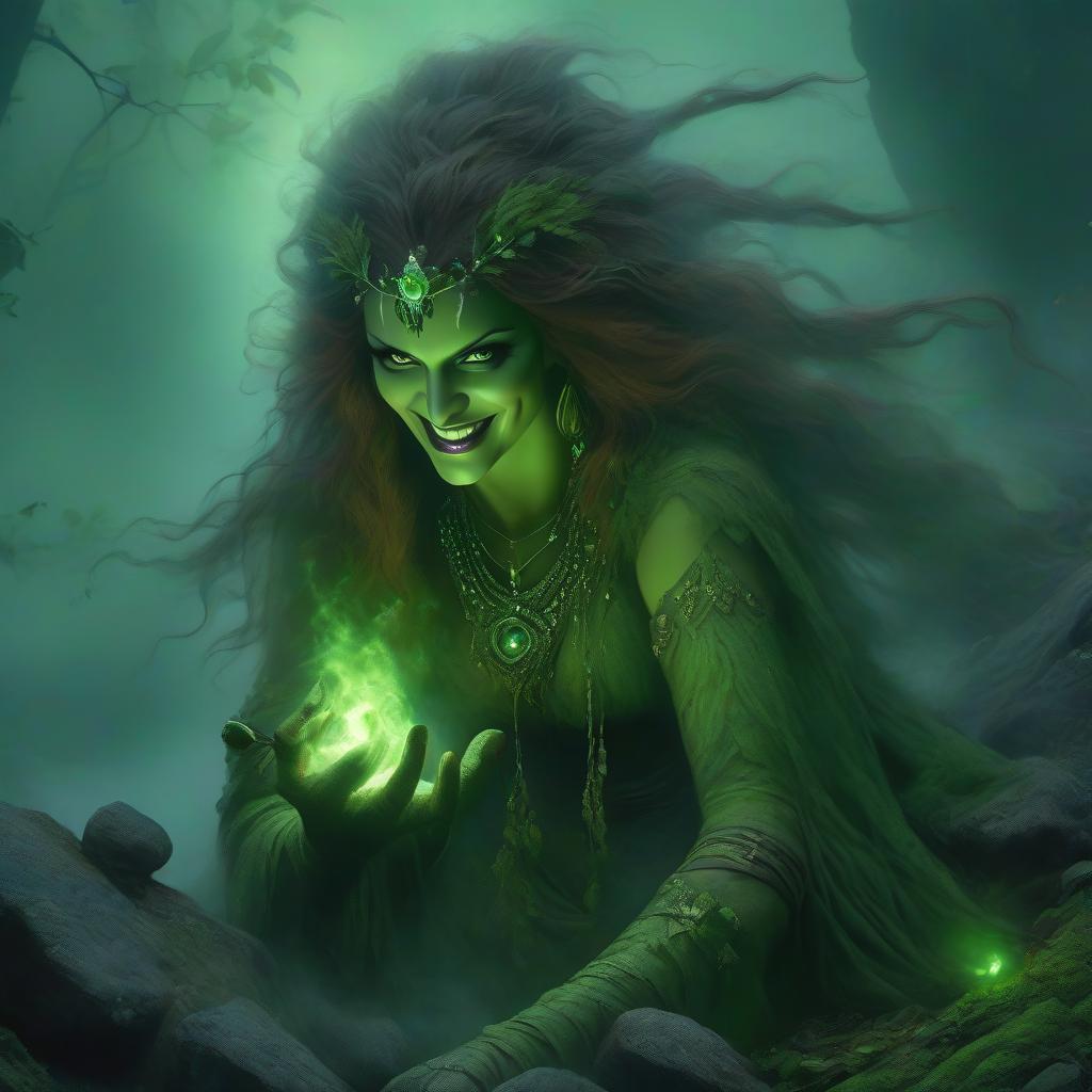  horror themed Goddess of the earth, mistress of the mountain, spirit of the land, beautiful woman, chestnut hair, green eyes, smile, jewelry of green stones in the hair, fog and rocks, mysticism, danger. . eerie, unsettling, dark, spooky, suspenseful, grim, highly detailed hyperrealistic, full body, detailed clothing, highly detailed, cinematic lighting, stunningly beautiful, intricate, sharp focus, f/1. 8, 85mm, (centered image composition), (professionally color graded), ((bright soft diffused light)), volumetric fog, trending on instagram, trending on tumblr, HDR 4K, 8K