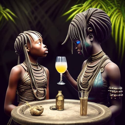  Alice and a African girl dressed in chains having a drink at a wild drinking party on an alien planet stable diffusion, absolute reality v1.6, in the style of hr giger