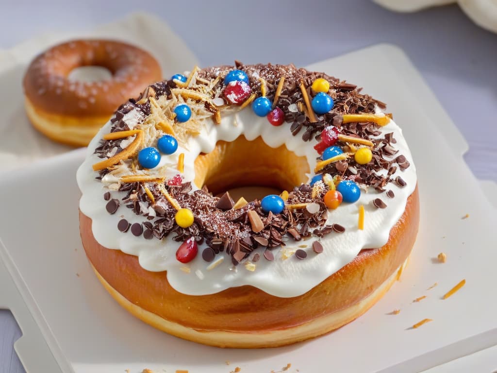  An ultradetailed closeup image of a freshly glazed homemade donut, showcasing the intricate layers of glossy glaze, with a sprinkle of colorful toppings delicately placed on top. The lighting captures the smooth texture of the glaze, emphasizing the craftsmanship that goes into creating the perfect homemade donut. hyperrealistic, full body, detailed clothing, highly detailed, cinematic lighting, stunningly beautiful, intricate, sharp focus, f/1. 8, 85mm, (centered image composition), (professionally color graded), ((bright soft diffused light)), volumetric fog, trending on instagram, trending on tumblr, HDR 4K, 8K