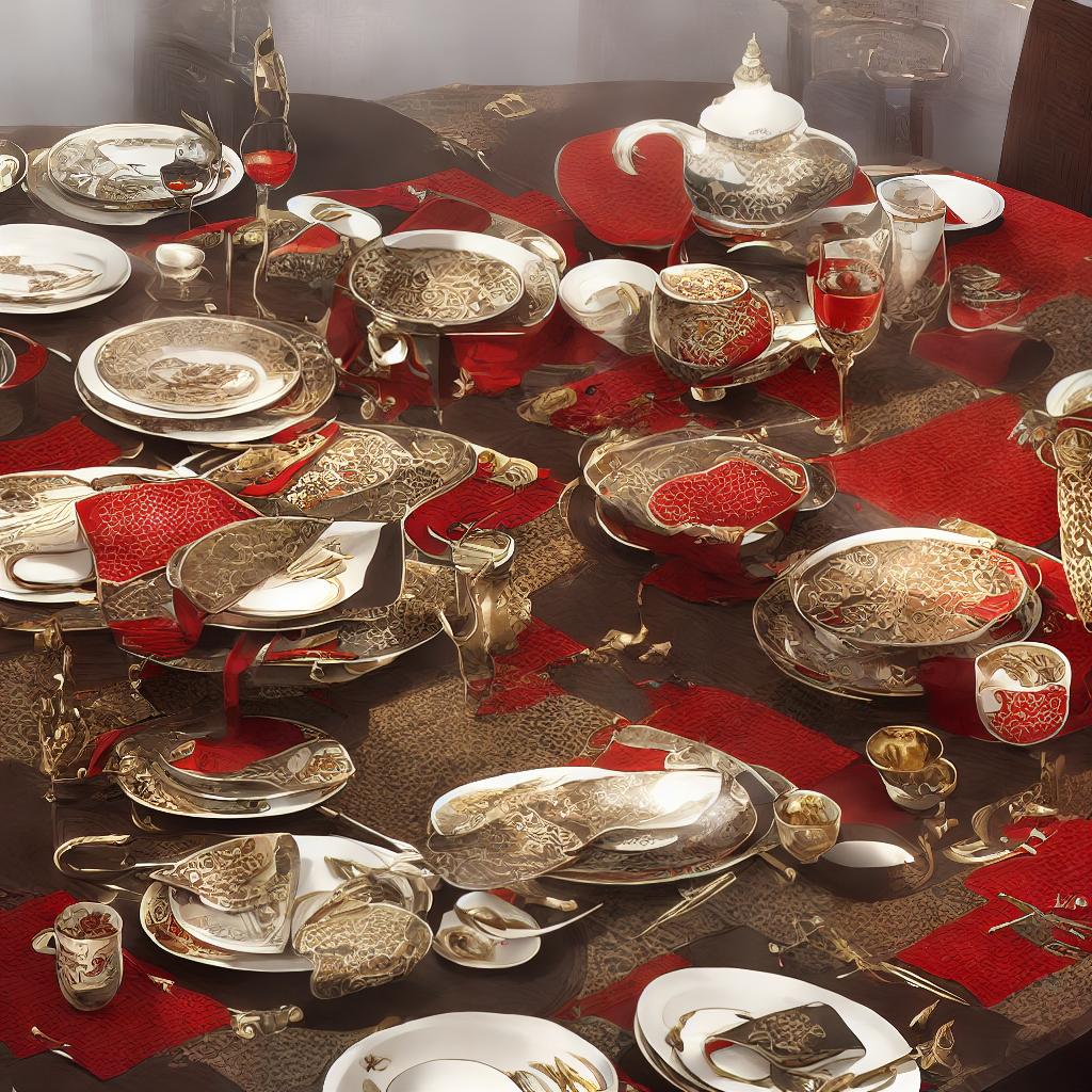  A (gorgeous display of Xi'an cultural-style tableware), meticulously crafted with the utmost precision. The high level of detail and realism in this masterpiece is truly awe-inspiring. The scene is depicted in ultra-detailed 8K resolution, allowing for an immersive viewing experience. The tableware is arranged on a beautifully decorated table, adorned with delicate patterns. hyperrealistic, full body, detailed clothing, highly detailed, cinematic lighting, stunningly beautiful, intricate, sharp focus, f/1. 8, 85mm, (centered image composition), (professionally color graded), ((bright soft diffused light)), volumetric fog, trending on instagram, trending on tumblr, HDR 4K, 8K
