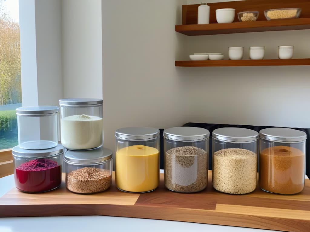  An ultradetailed image of a pristine kitchen countertop with a sleek marble surface, showcasing a variety of baking ingredients neatly arranged in minimalist containers. The containers hold almond flour, coconut flour, and flaxseed meal, emphasizing the concept of lowcarb baking for diabeticfriendly recipes. The soft natural light streaming in from a nearby window highlights the textures and earthy tones of the ingredients, creating a visually appealing and informative composition for the article. hyperrealistic, full body, detailed clothing, highly detailed, cinematic lighting, stunningly beautiful, intricate, sharp focus, f/1. 8, 85mm, (centered image composition), (professionally color graded), ((bright soft diffused light)), volumetric fog, trending on instagram, trending on tumblr, HDR 4K, 8K