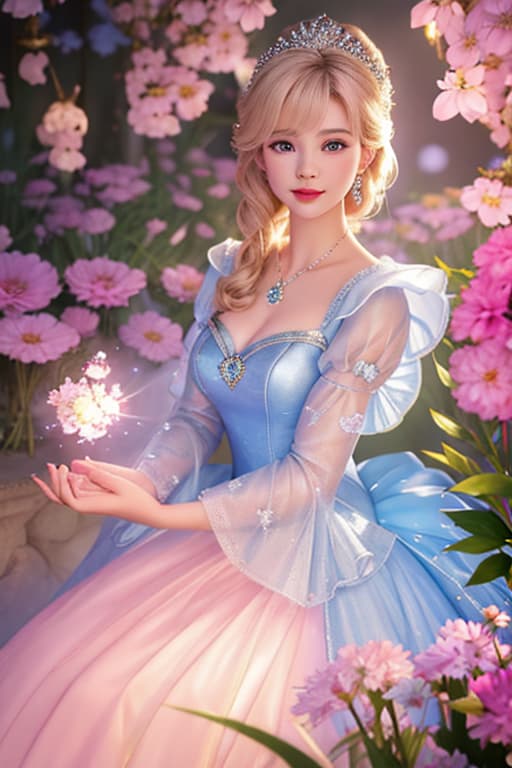  A highly detailed and realistic photo in the style of Disney, featuring a character resembling baby Cinderella. The image shows young Cinderella wearing a sparkling pink dress, surrounded by glowing flower.She is standing.The scene is illuminated with soft, mystical light, creating an enchanting and whimsical atmosphere. Cinderella's expression is filled with wonder and joy as she interacts with the flower. The background is softly blurred to keep the focus on Cinderella and the flower hyperrealistic, full body, detailed clothing, highly detailed, cinematic lighting, stunningly beautiful, intricate, sharp focus, f/1. 8, 85mm, (centered image composition), (professionally color graded), ((bright soft diffused light)), volumetric fog, trending on instagram, trending on tumblr, HDR 4K, 8K