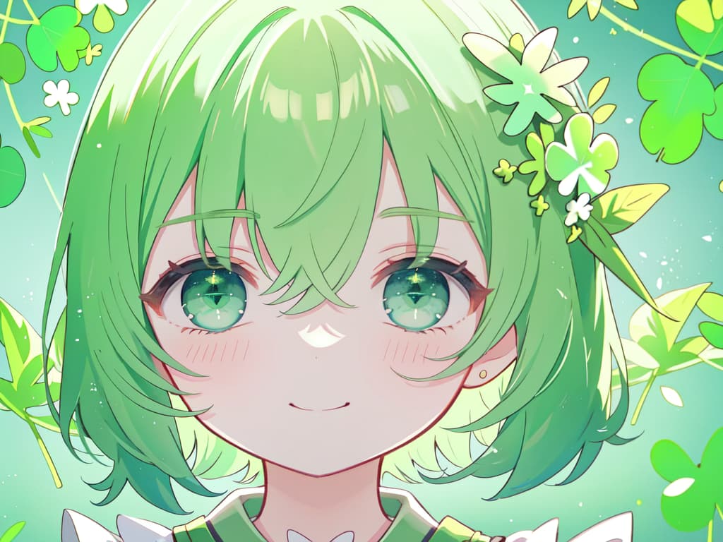  Three leaves clover, green hair, smile, masterpiece, best quality,8k,ultra detailed,high resolution,an extremely delicate and beautiful,hyper detail