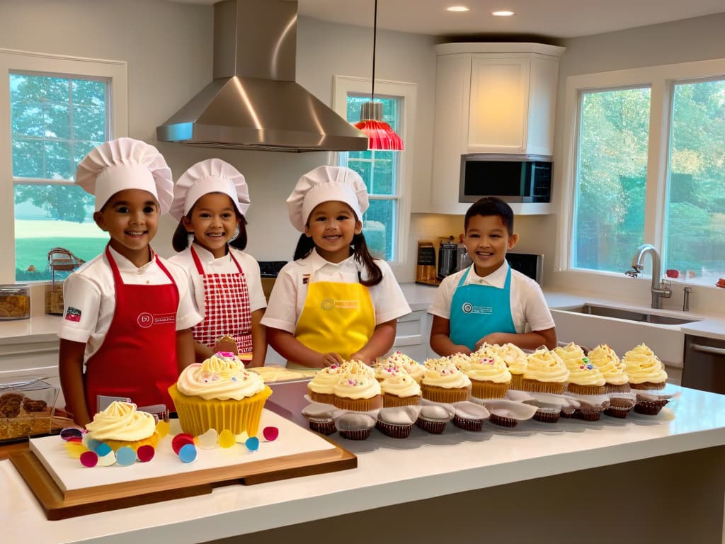  An ultradetailed image of a group of children wearing colorful aprons and chef hats, gathered around a kitchen island filled with various baking ingredients and tools. Each child is holding a different AR device, which displays interactive holographic images of cupcakes, cookies, and cakes floating above the kitchen counter. The room is bright and cheerful, with sunlight streaming in through a large window, casting warm shadows on the floor. The children's faces are filled with wonder and excitement as they explore the virtual world blending seamlessly with the real one, creating a magical and educational baking experience. hyperrealistic, full body, detailed clothing, highly detailed, cinematic lighting, stunningly beautiful, intricate, sharp focus, f/1. 8, 85mm, (centered image composition), (professionally color graded), ((bright soft diffused light)), volumetric fog, trending on instagram, trending on tumblr, HDR 4K, 8K