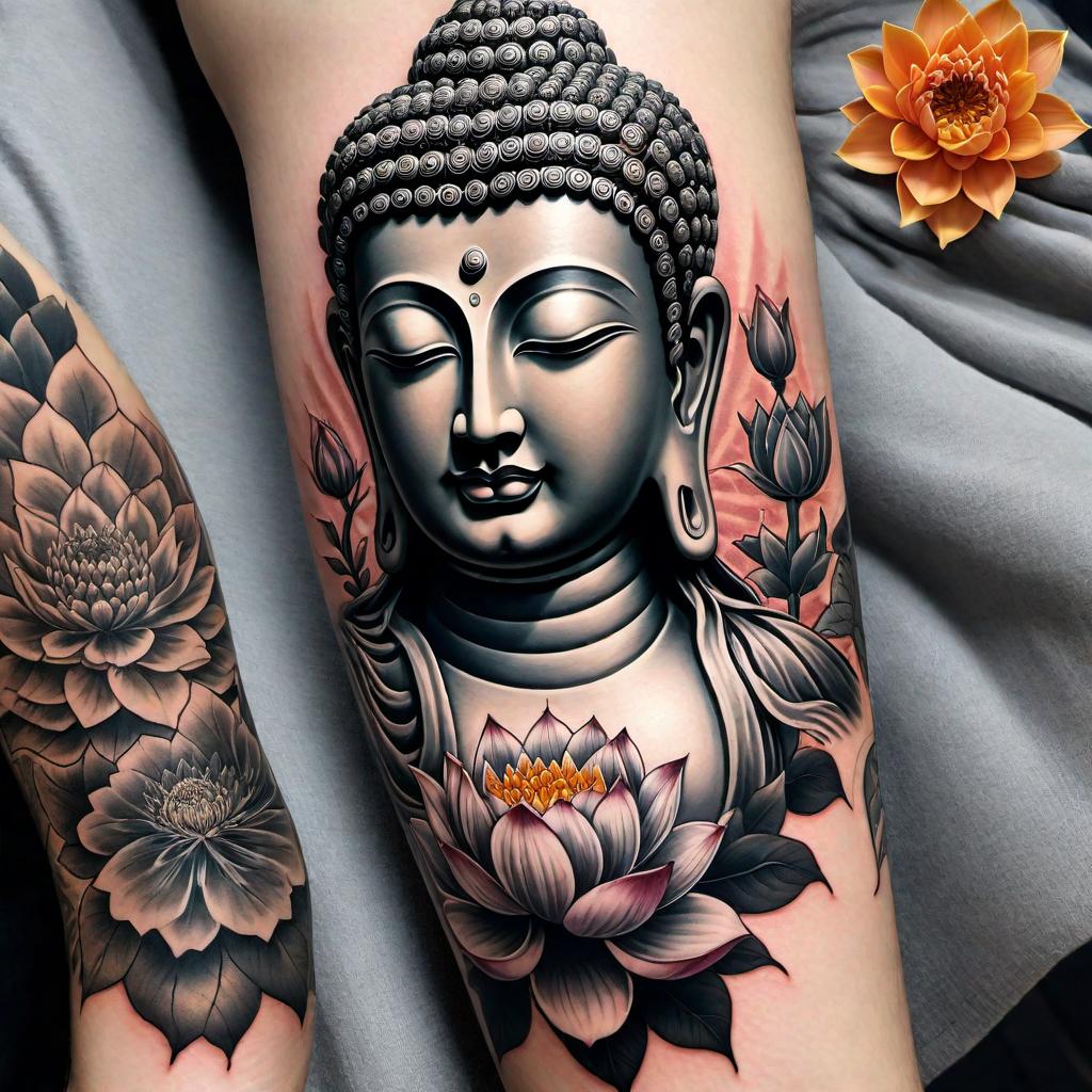  Create a spiritual tattoo sleeve design featuring a Buddha at the center. Include lotus flowers, mandala patterns, Sanskrit mantras, and nature elements like clouds and mountains. The style should be cohesive with traditional tattoo art, with a serene and harmonious theme. Use a black and grey color palette with intricate details. hyperrealistic, full body, detailed clothing, highly detailed, cinematic lighting, stunningly beautiful, intricate, sharp focus, f/1. 8, 85mm, (centered image composition), (professionally color graded), ((bright soft diffused light)), volumetric fog, trending on instagram, trending on tumblr, HDR 4K, 8K