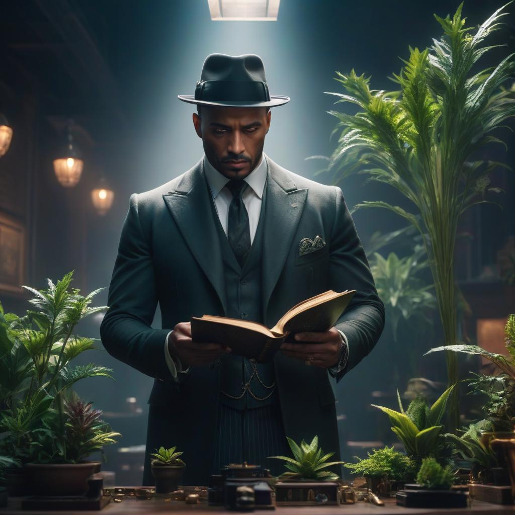  A British gangster is studying plant magic. hyperrealistic, full body, detailed clothing, highly detailed, cinematic lighting, stunningly beautiful, intricate, sharp focus, f/1. 8, 85mm, (centered image composition), (professionally color graded), ((bright soft diffused light)), volumetric fog, trending on instagram, trending on tumblr, HDR 4K, 8K