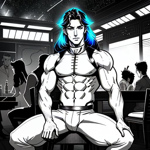  A man with toned abs sits in a teahouse, in space. Women are sitting around him and there is a kalya. The man himself is indescribably handsome, Sketch, Manga Sketch, Pencil drawing, Black and White, Manga, Manga style, Low detail, Line art, vector art, Monochromatic, by katsuhiro otomo and masamune shirow and studio ghilibi and yukito kishiro hyperrealistic, full body, detailed clothing, highly detailed, cinematic lighting, stunningly beautiful, intricate, sharp focus, f/1. 8, 85mm, (centered image composition), (professionally color graded), ((bright soft diffused light)), volumetric fog, trending on instagram, trending on tumblr, HDR 4K, 8K