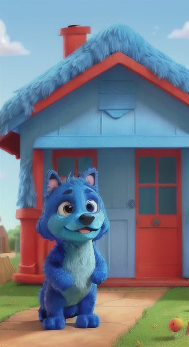  {Max the big blue dog standing in front of a cozy little house with a red door, The big blue dog is large with sky blue fur, big round eyes, a black nose, and floppy ears.