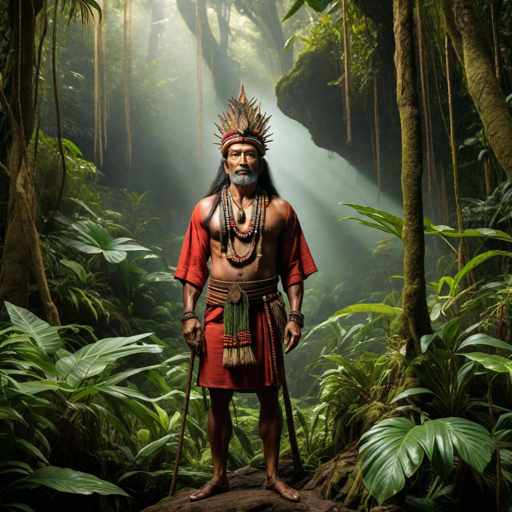  An image that portrays the concept of God intertwined with Ayahuasca in the setting of a lush jungle. In the same scene, include the figure of a traditional head hunter from Ecuador, incorporating elements that capture the essence and spirituality of the scene. hyperrealistic, full body, detailed clothing, highly detailed, cinematic lighting, stunningly beautiful, intricate, sharp focus, f/1. 8, 85mm, (centered image composition), (professionally color graded), ((bright soft diffused light)), volumetric fog, trending on instagram, trending on tumblr, HDR 4K, 8K