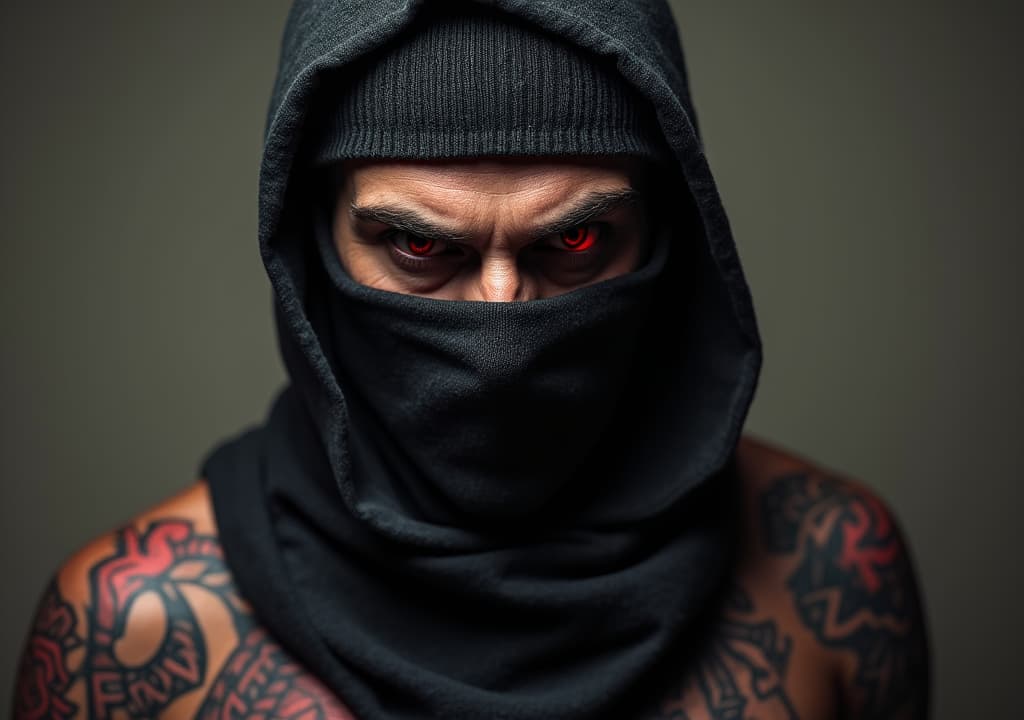  good quality, high quality, a demon gangster with a balaclava and with tattoes, with plain hellish background