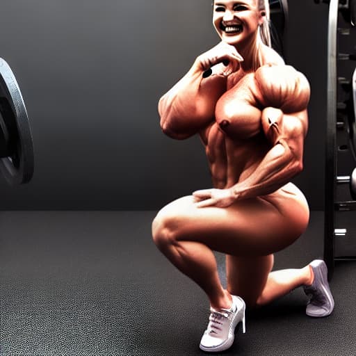 nousr robot female bodybuilder, enormous muscles, nude, laughing, kneeling