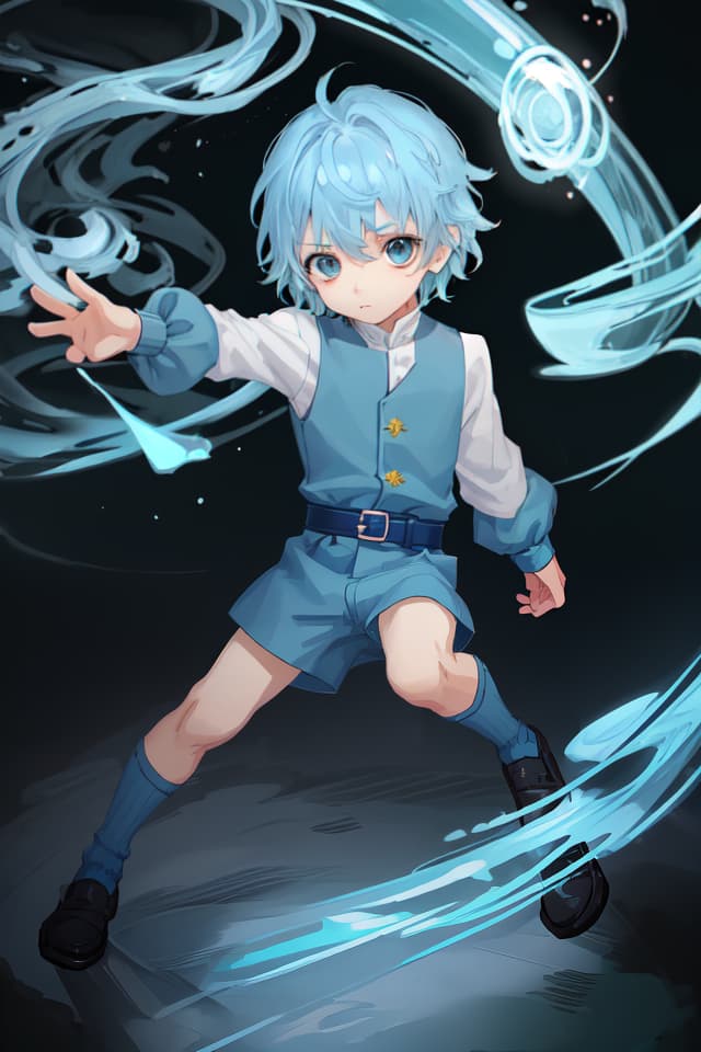  Small boys, mini characters, cute, light blue hair, stretched forward and piece