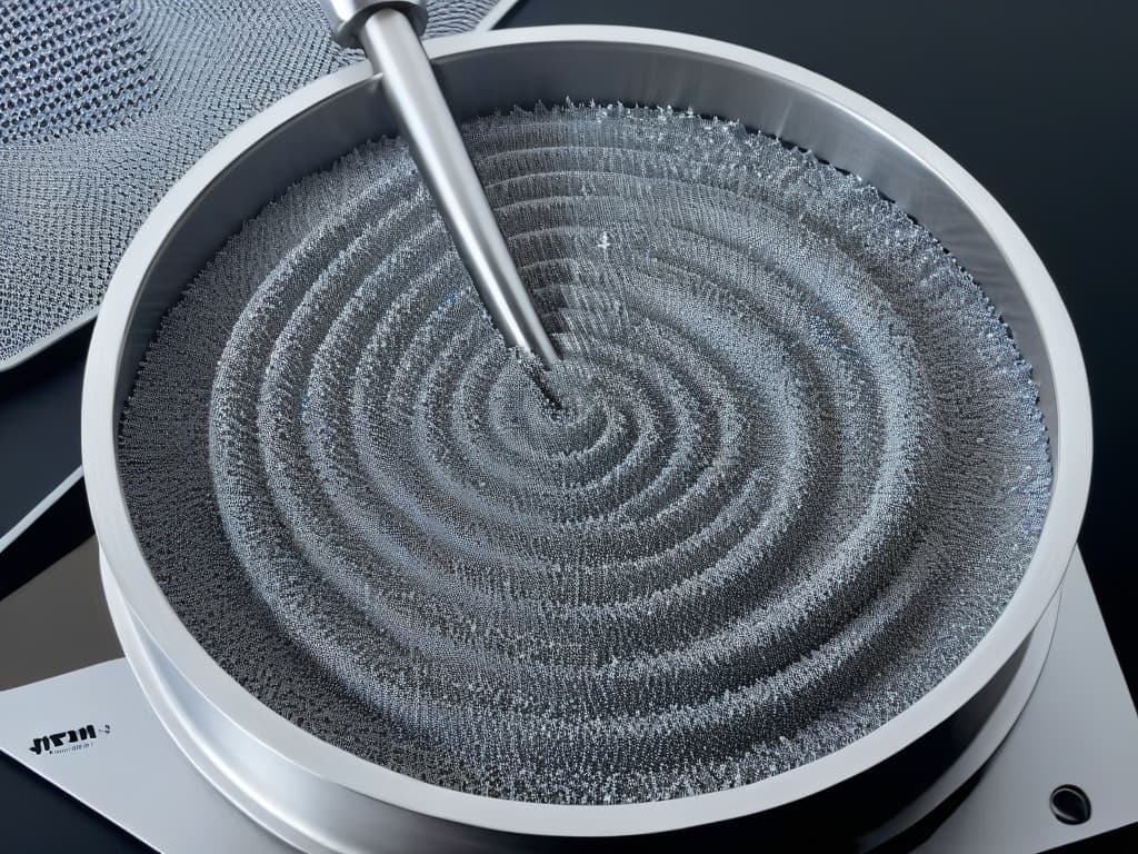  A closeup, ultradetailed image of a sleek stainless steel mechanical sifter, capturing the intricate mesh pattern, the precisionengineered gears, and the polished, reflective surface. hyperrealistic, full body, detailed clothing, highly detailed, cinematic lighting, stunningly beautiful, intricate, sharp focus, f/1. 8, 85mm, (centered image composition), (professionally color graded), ((bright soft diffused light)), volumetric fog, trending on instagram, trending on tumblr, HDR 4K, 8K