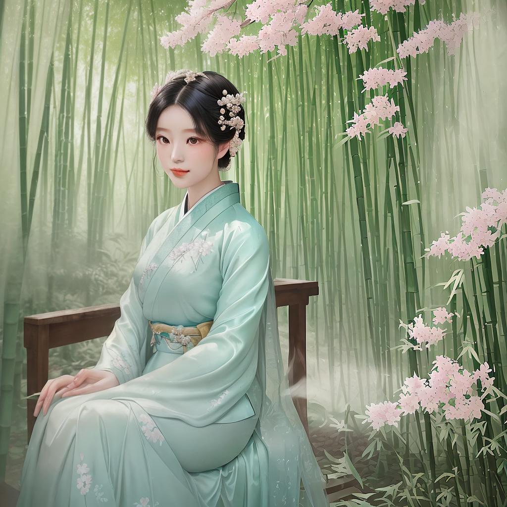  In the misty grove of bamboo, a charming woman emerges, her presence mysterious and charming. She wears a delicate silk hanbok decorated with intricate embroidery and delicate floral patterns. Her ebony hair is elegantly styled and her jeweled hairpins sparkle in the dappled sunlight. The air is filled with the fragrance of cherry blossoms. Adding to the charm of this ancient beauty. Soft light shines through the bamboo leaves, casting a soft glow on her porcelain skin. The atmosphere exudes serenity and reverence for the past. This photo captures the timeless elegance and elegance of a bygone era, bringing the viewer into a world of ancient charm.(Photography, soft volume light, old-fashioned film camera with shallow depth of field)