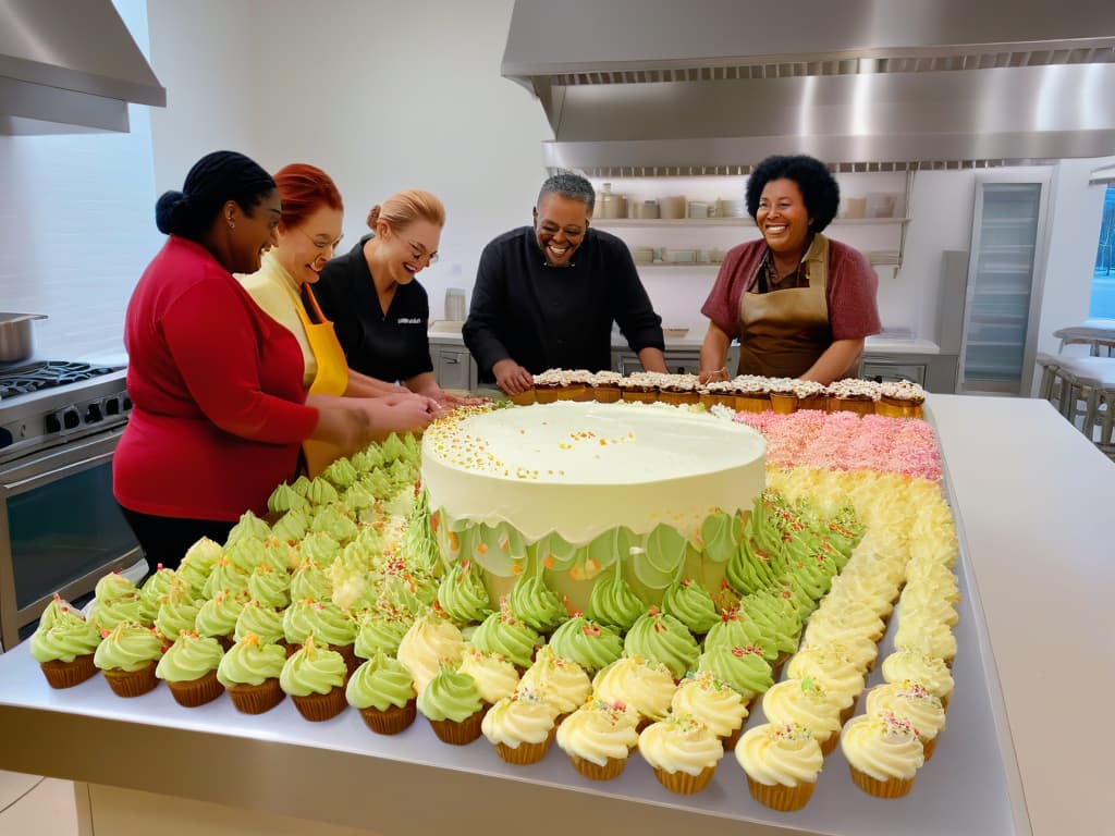  An image of a diverse group of people, including individuals with disabilities, of various ages and backgrounds, gathered around a large kitchen island in a bright, modern bakery kitchen. They are smiling and engaged in decorating colorful cupcakes together, with bowls of frosting and sprinkles scattered across the pristine white countertop. The scene conveys a sense of teamwork, inclusion, and joy in the process of creating delicious treats. hyperrealistic, full body, detailed clothing, highly detailed, cinematic lighting, stunningly beautiful, intricate, sharp focus, f/1. 8, 85mm, (centered image composition), (professionally color graded), ((bright soft diffused light)), volumetric fog, trending on instagram, trending on tumblr, HDR 4K, 8K