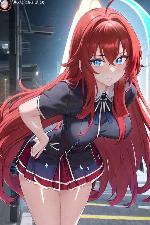  bent over in a ,masterpiece, best quality, 1women, long red hair, looking at viewer, :3, cute, black uniform, outdoors, streets, cowboy shot, curvy, (((blue eyes))), rias gremory, red hair, antenna hair, wavy hair, ((beautiful detailed eyes, beautiful detailed glow, lots of glow)), anime screencap