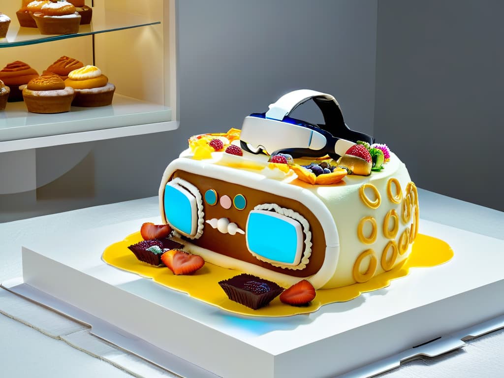  A sleek and modern virtual reality headset resting on a pristine white countertop, surrounded by an array of colorful and intricately designed VR pastry creations. The headset is illuminated by a soft, glowing light, casting a subtle shadow against the clean surface below. The pastries are exquisitely detailed, showcasing a variety of shapes and textures that hint at the limitless creative possibilities of virtual reality baking. hyperrealistic, full body, detailed clothing, highly detailed, cinematic lighting, stunningly beautiful, intricate, sharp focus, f/1. 8, 85mm, (centered image composition), (professionally color graded), ((bright soft diffused light)), volumetric fog, trending on instagram, trending on tumblr, HDR 4K, 8K