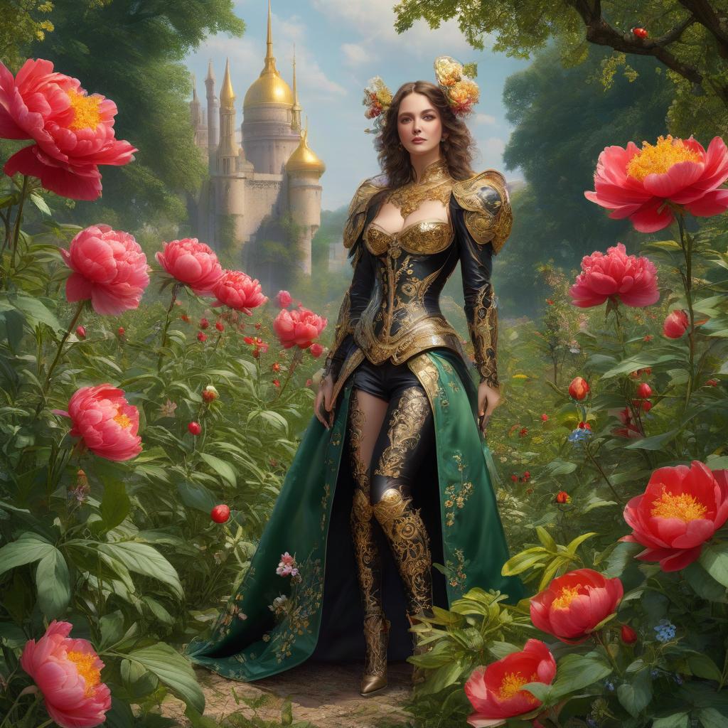  A girl in armor. A black sword with gold details. Fire. The rigor of the lines. Power. The sword gives off electric shocks. Highly detailed, highly detailed, highly detailed image and all details. ((Sparkling rim)): spring field, hyacinths, roses, rosehips, rose hips, peonies, cherry tree, yellow, red, black flowers, forget me nots. Nature in the background, spring, delight. Luxury, richness. High quality. Swarovski, pandora. The Emerald Palace, the towers. Holobue sky. Golden spires, Gothic style. Fantasy, fairy tale. Poppy field in front of palace. Emerald stones, Green Alley.Luxury, wealth. spring field, hyacinths, roses, rosehips, rose hips, peonies, cherry tree, yellow, red, black flowers, forget me nots. Honoré Fargonard, Alfonso M hyperrealistic, full body, detailed clothing, highly detailed, cinematic lighting, stunningly beautiful, intricate, sharp focus, f/1. 8, 85mm, (centered image composition), (professionally color graded), ((bright soft diffused light)), volumetric fog, trending on instagram, trending on tumblr, HDR 4K, 8K